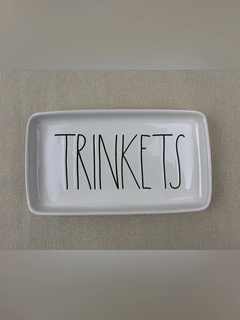 Rae Dunn by Magenta White Ceramic Tray Labeled “TRINKETS” in Black Lettering